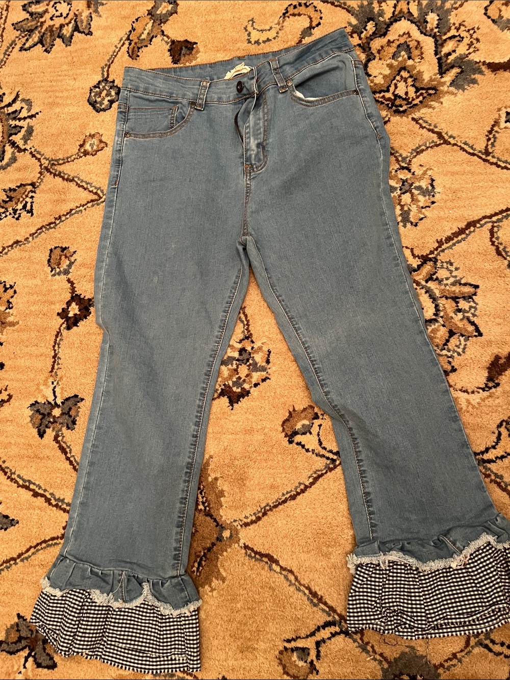 Peach Love California Blue Denim Jeans with Gingham Ruffle Cuffs